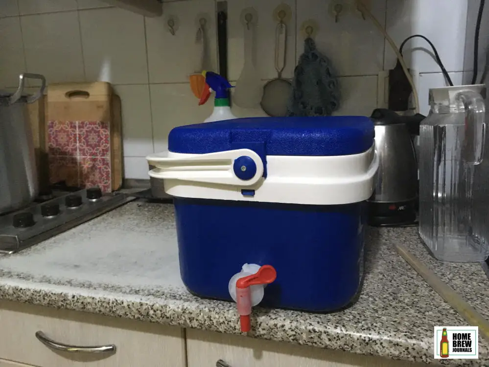 An insulated picnic cooler like this one helps maintain the correct mash temperature