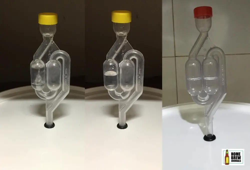 three photos of an s-shaped airlock to illustrate how the airlock can show when fermentation is complete