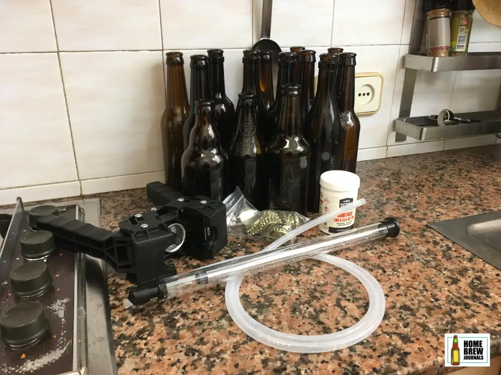 Glass bottles, crown caps, bottle capper and auto-siphon