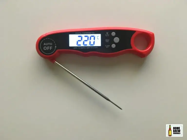 Photo of an electronic thermometer used for measuring the temperature of wort when homebrewing