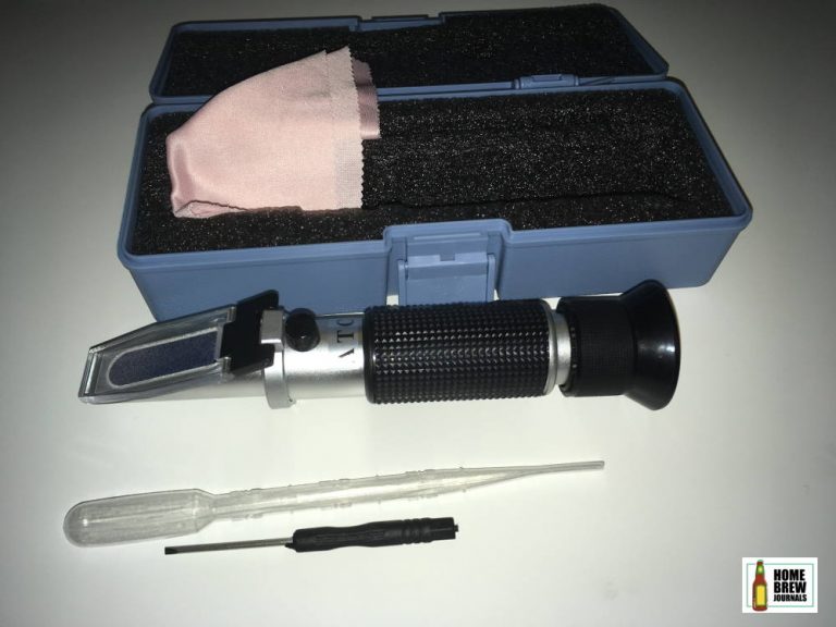 An inexpensive homebrewers refractometer kit complete with brewers refractometer, sample pipet, screwdriver and carry case