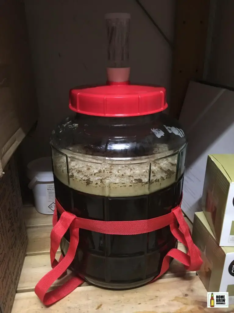 Fermentation taking place in a fourteen litre glass carboy with a red lid